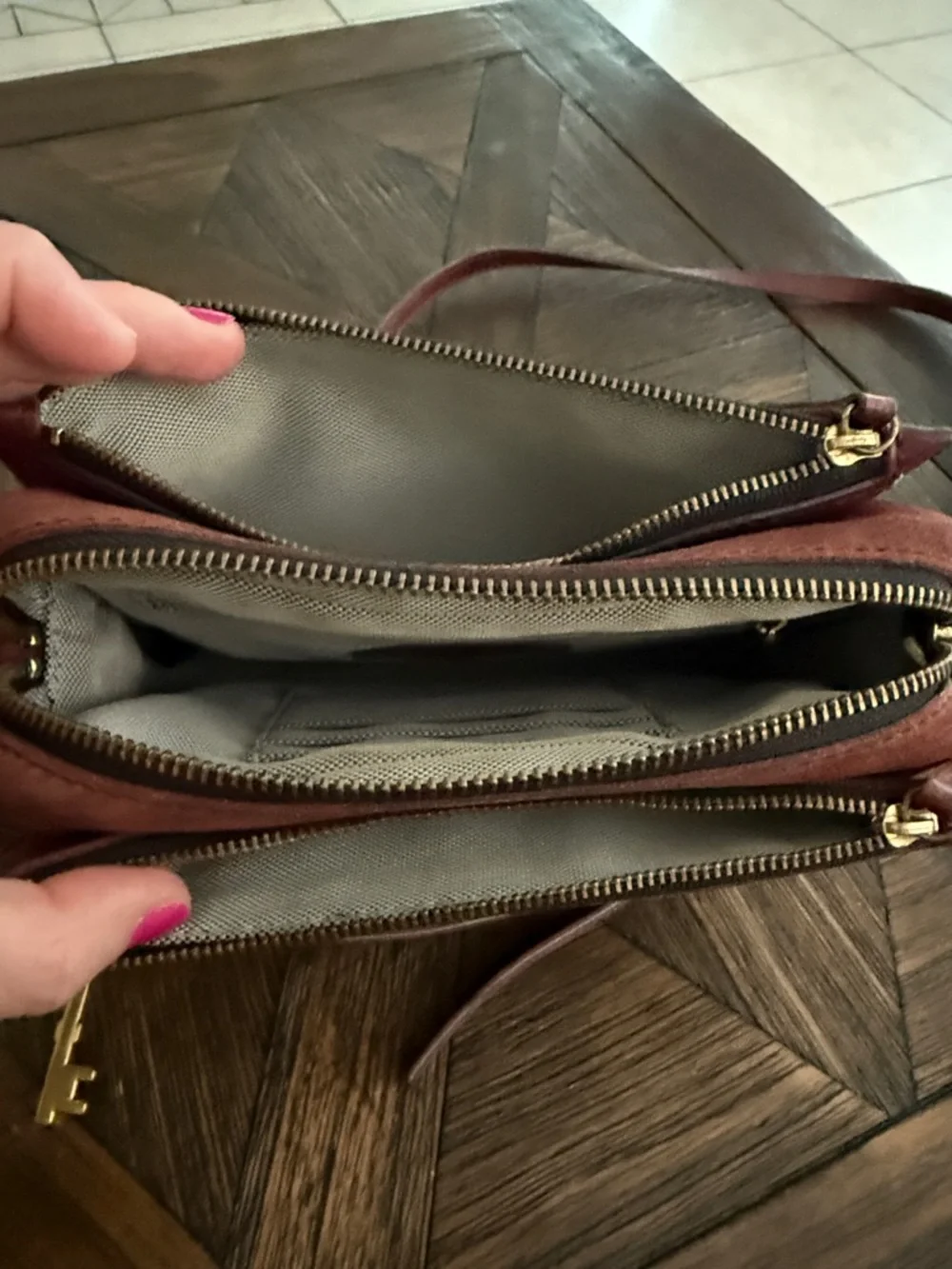 Fossil Campbell Dark Red Leather Suede Crossbody Bag Adjustable Strap - Picture 9 of 11